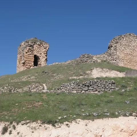 Vestigios de castillo sobre loma con vegetación baja.