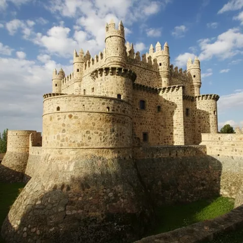 Castillo de piedra con murallas gruesas y torres cilíndricas.