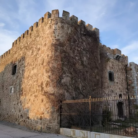 Muralla de piedra con torre almenada cubierta de hiedra y reja metálica.