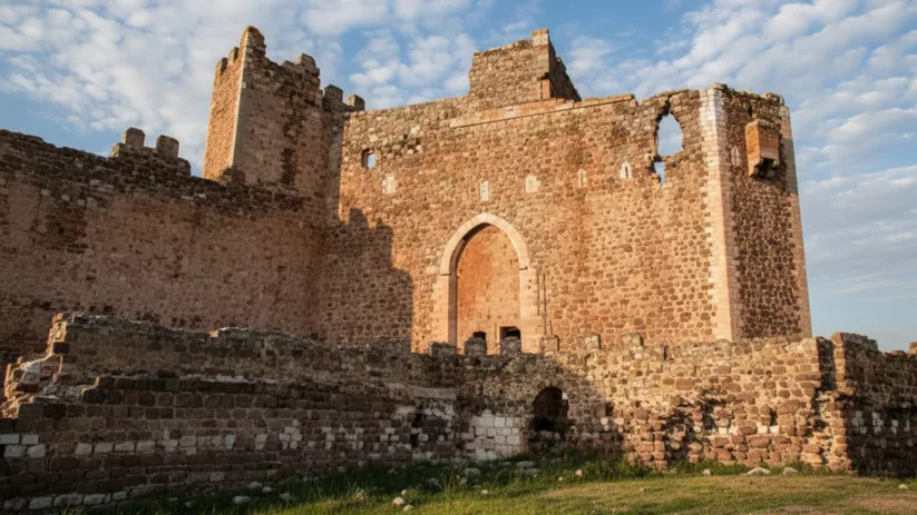 Murallas de piedra con gran arco central bajo luz cálida.