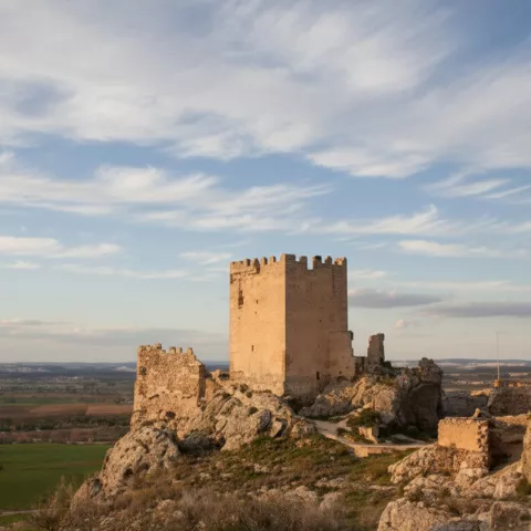 Construcción fortificada en lo alto de una elevación rocosa.
