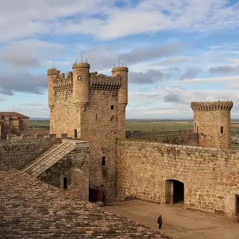 Vista interior de fortaleza con murallas, torres y patio amplio.
