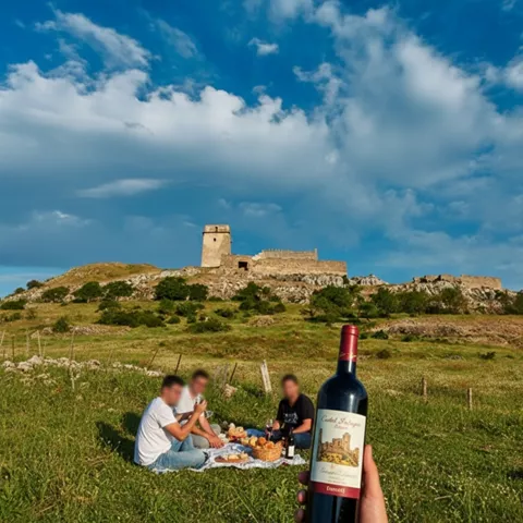 Picnic en pradera con botella en primer plano y fortaleza al fondo.