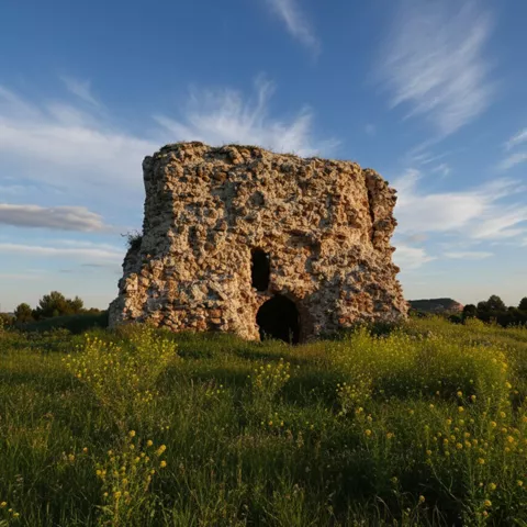 Torre de piedra con arco en campo verde.