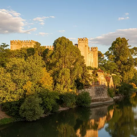 Fortaleza junto a un río rodeada de árboles con reflejo en el agua al atardecer.