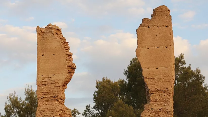 Muro en ruinas con dos pilares, rodeado de pinos y vegetación baja.
