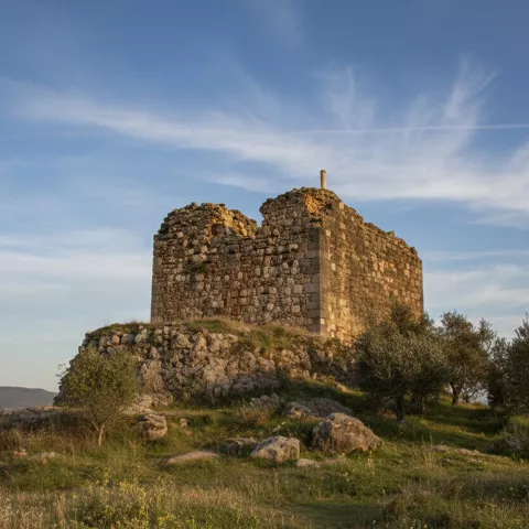 Torre en ruinas iluminada por luz dorada al atardecer.