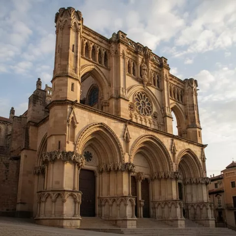 Fachada iluminada al atardecer en plaza abierta