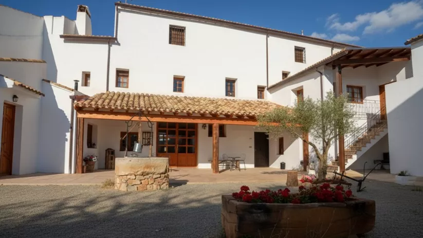 Patio encalado con pozo tradicional