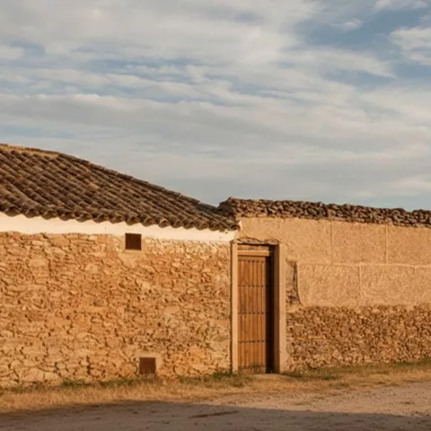 Fachada de construcción rural de piedra y tapial, con puerta de madera junto a un camino.