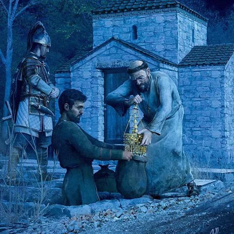 Ilustración nocturna de enterramiento de un tesoro junto a una pequeña iglesia de piedra.