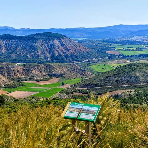 Mirador natural con panel interpretativo y paisaje agrícola amplio