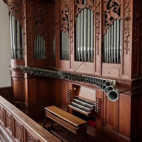 Órgano histórico de madera con tubos metálicos y teclado.