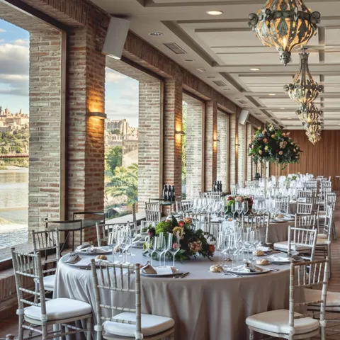 Salón de celebraciones con mesas montadas y grandes ventanales.