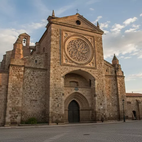 Fachada de iglesia de piedra con gran rosetón y portada gótica al atardecer.
