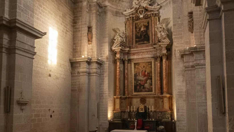 Interior de capilla con altar barroco, bóveda alta y paredes de piedra iluminadas.