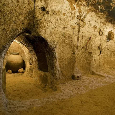 Bodega rupestre con herramientas colgadas en la pared.