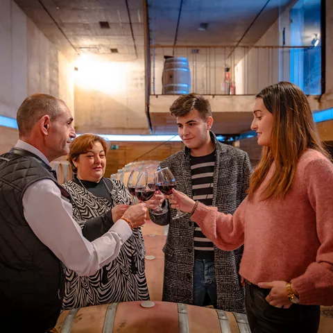 Cata de vino en bodega entre barricas