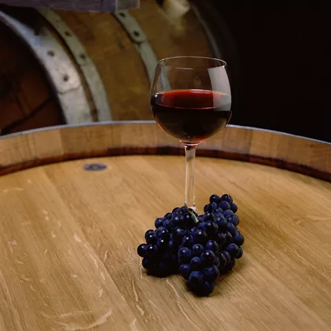 Copa de vino tinto junto a barrica de madera