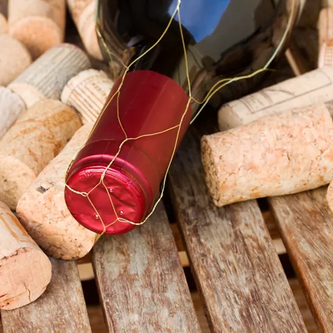 Botella de vino entre corchos