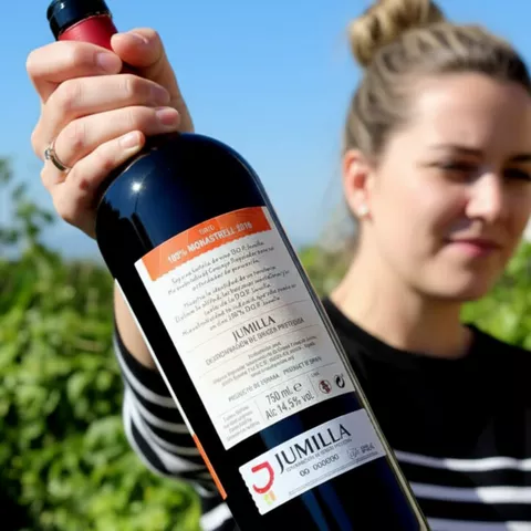 Persona mostrando una botella de vino al aire libre, con viñedo desenfocado de fondo.