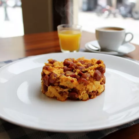Revuelto rústico de huevo con carne servido en plato blanco