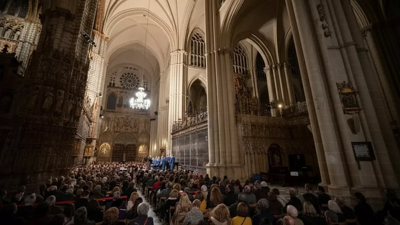 Concierto coral ante un público en el interior de una gran catedral iluminada.