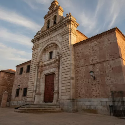 Fachada barroca de iglesia de piedra con gran portada y torre campanario al atardecer.