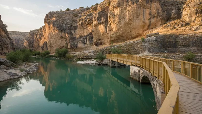 Pasarela de madera entre cañones y río verde