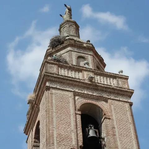 Campanario de ladrillo visto desde abajo