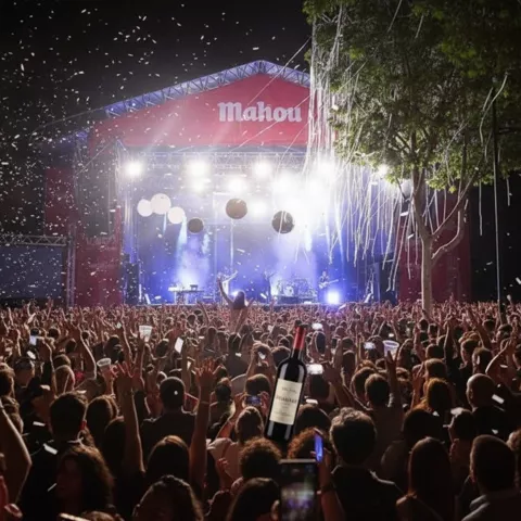 Multitud frente a escenario iluminado durante concierto nocturno al aire libre.