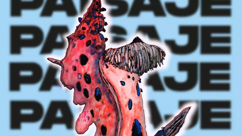 Ilustración de una babosa de mar rosada con manchas negras sobre fondo azul con texto repetido.