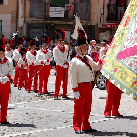 Desfile tradicional con banderas en fiesta local.