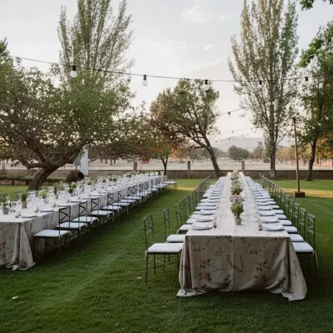 Mesas alargadas para evento al aire libre sobre césped