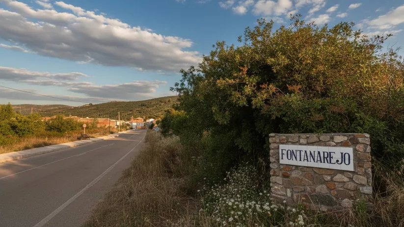 Cartel de entrada a Fontanarejo (Ciudad Real) junto a la carretera comarcal y entorno natural.