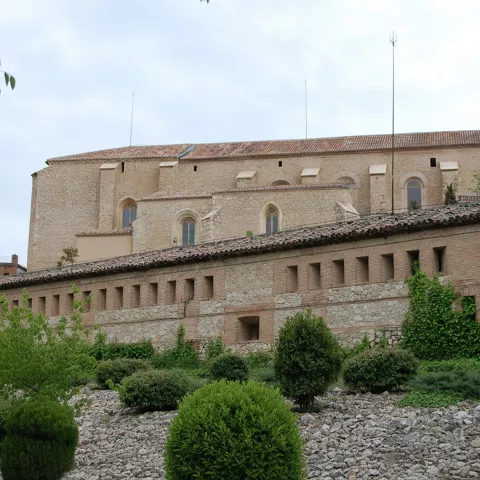 Muro histórico de piedra con vegetación y ventanas estrechas.
