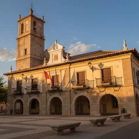 Edificio institucional con soportales y bancos de piedra