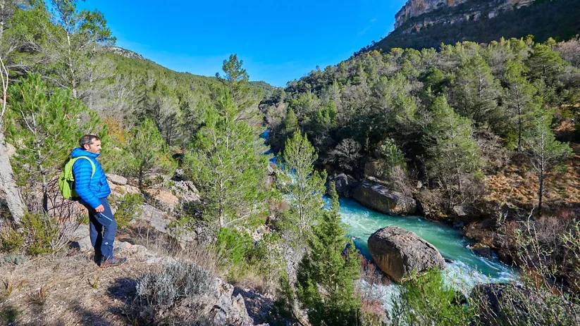 Vista elevada de un río turquesa entre montañas cubiertas de pinos.