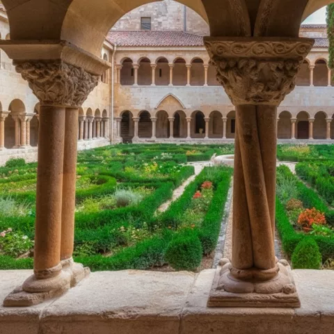 Jardín interior con arcos y ciprés.