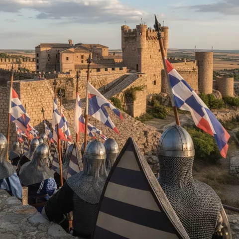 Recreación histórica con soldados armados y banderas en muralla de castillo.