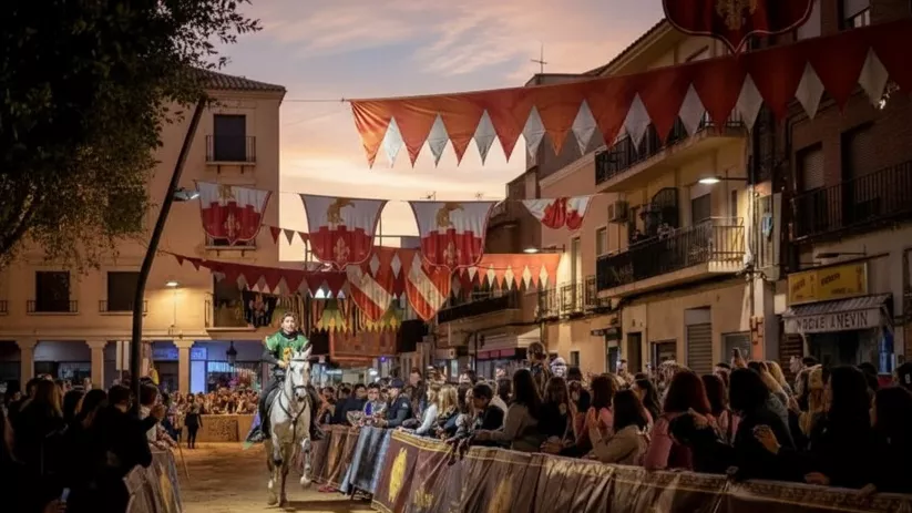 Jinete en desfile nocturno entre banderines y público