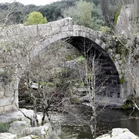 Puente medieval de piedra sobre arroyo