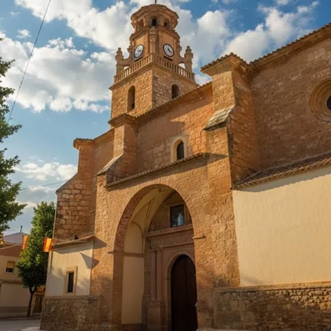 Fachada de la iglesia de La Gineta con torre campanario y reloj, ejemplo de arquitectura religiosa tradicional.