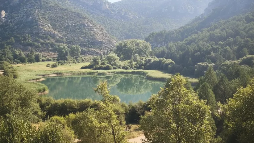 Lago natural rodeado de vegetación.