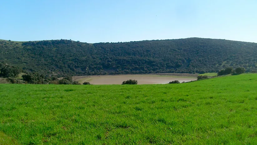 Pradera verde con laguna circular al fondo y colinas