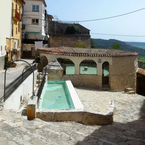 Conjunto de pilas y estanque en calle empedrada.