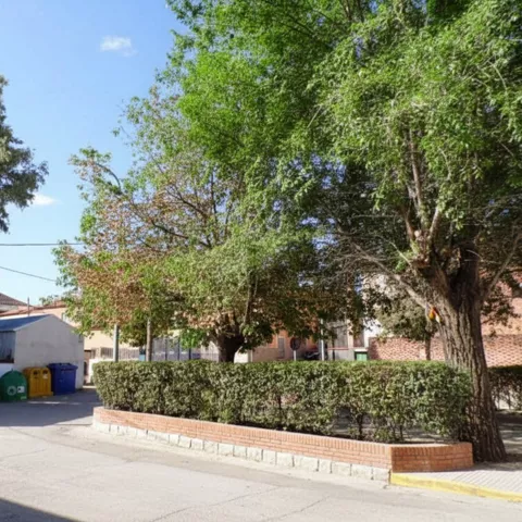Una pequeña plaza arbolada con setos verdes cuidados y una zona de reciclaje al fondo en un entorno urbano tranquilo.