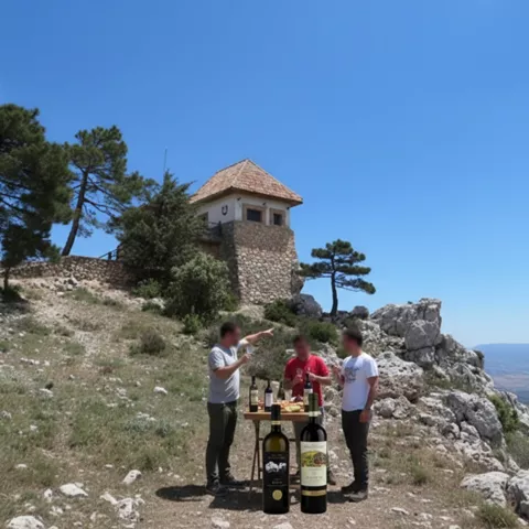 Grupo de personas junto a una mesa con botellas en un mirador rocoso, con una caseta al fondo.