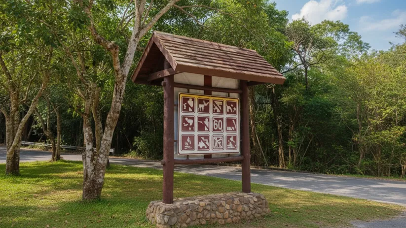 Panel informativo de senderos en un área arbolada junto a una carretera.