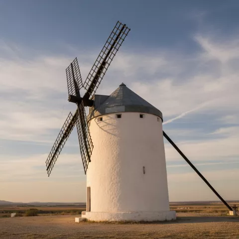 Vista lateral de molino blanco con largas aspas y cielo suave.